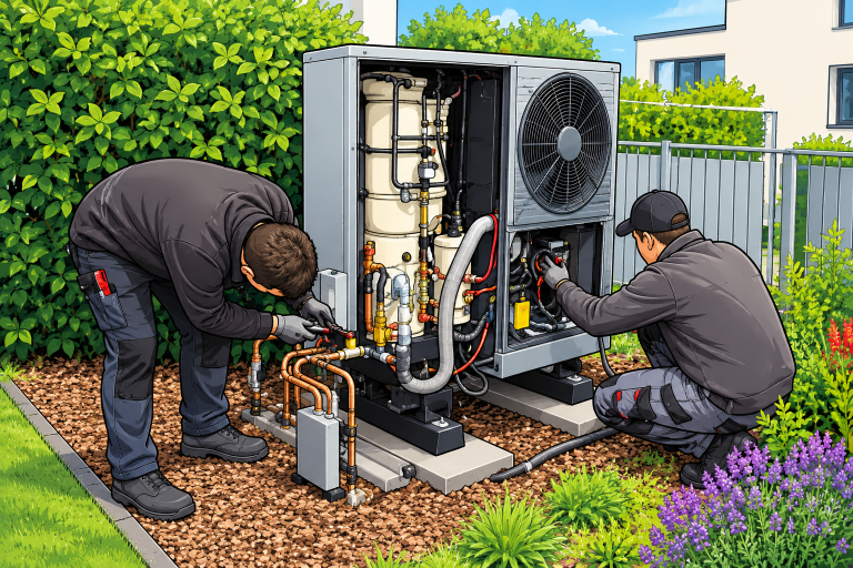 Hybridheizung Ober-Mörlen Zwei Heizungstechniker montieren eine neue Wärmepumpe im Vorgarten eines Wohnhauses