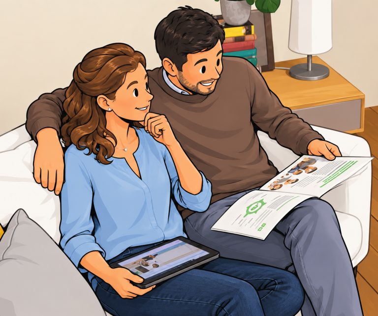 Heizungsrechner Junges Paar sitzt auf einem weißen Sofa und liest in einer Broschüre und einem Tablet