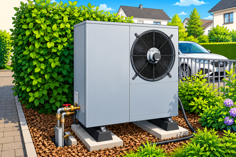 Fertig installierte Wärmepumpe in Ober-Mörlen Mitarbeiter von Heizungsbau Oberhessen präsentieren die fertig montierte Wärmepumpe