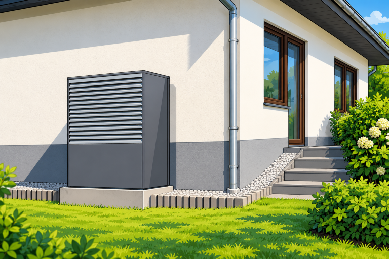 Hybridheizung Gas und Wärmepumpe Wärmepumpe an der Hauswand eines Einfamilienhauses