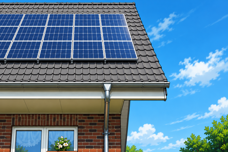 Hybridheizung Gas und Solarthermie Solarpanele auf einem grauen Dach eines verklinkerten Hauses
