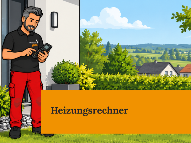 Heizungsrechner Heizungsbauer berät ein Ehepaar vor einer neu installierten Wärmepumpe.